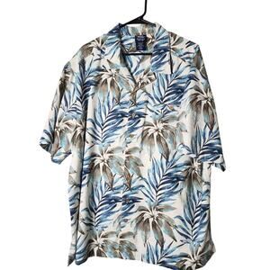 John Blair Hawaiian Shirt Size 2XL Beige Blue Tropical Palm Short Sleeve Button